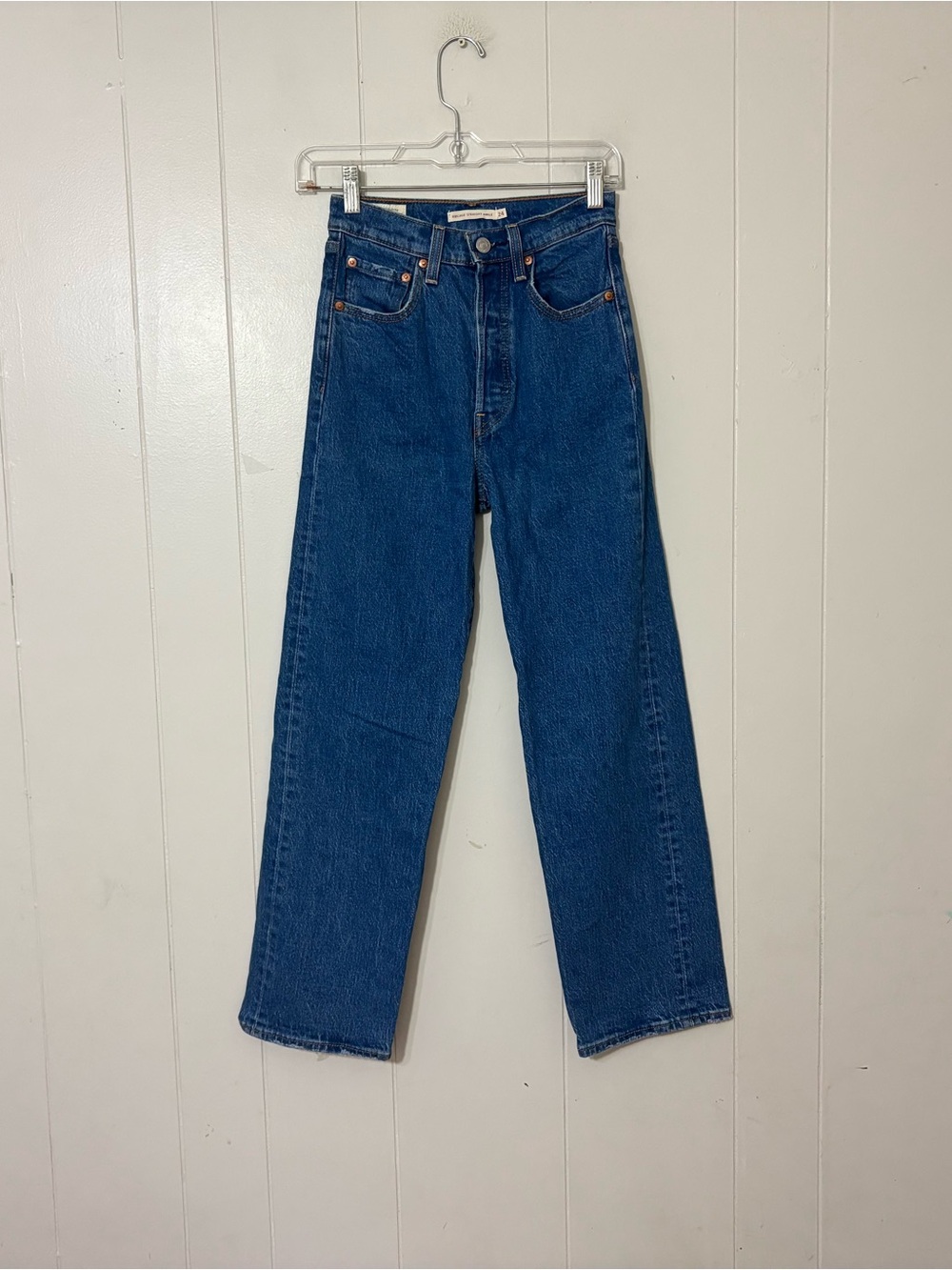Levi’s Ribcage Straight Ankle Jeans Size 24 High Rise Blue Denim Button Fly